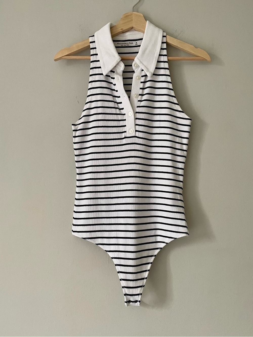 Abercrombie & Fitch Soft A&F Rib Cotton Striped Polo Halter Bodysuit